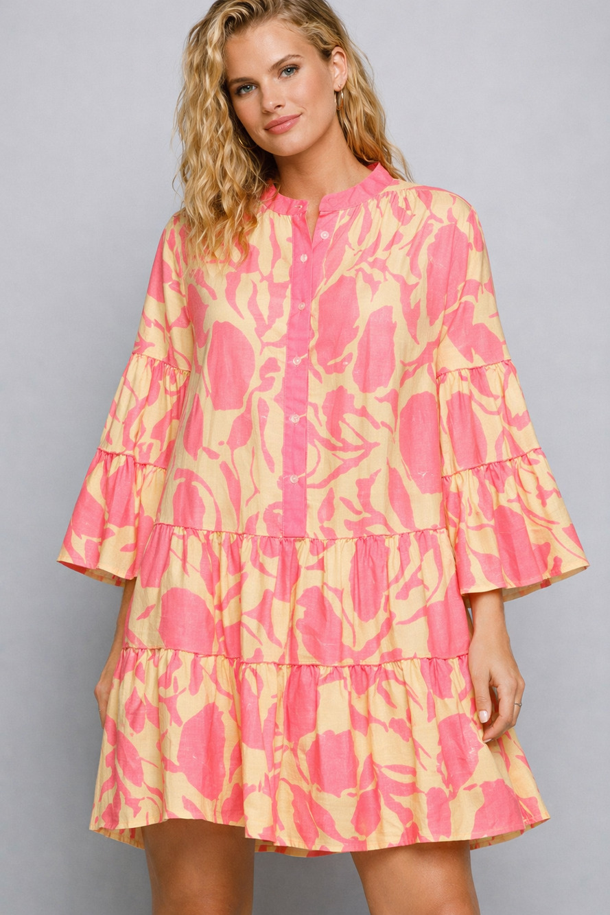 POL Pink Yellow Abstract Tiered Ruffle Bell Sleeve Dress